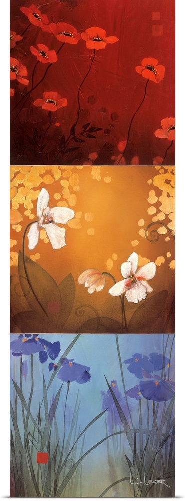 A long vertical painting of flowers in three panels of red, yellow and blue.