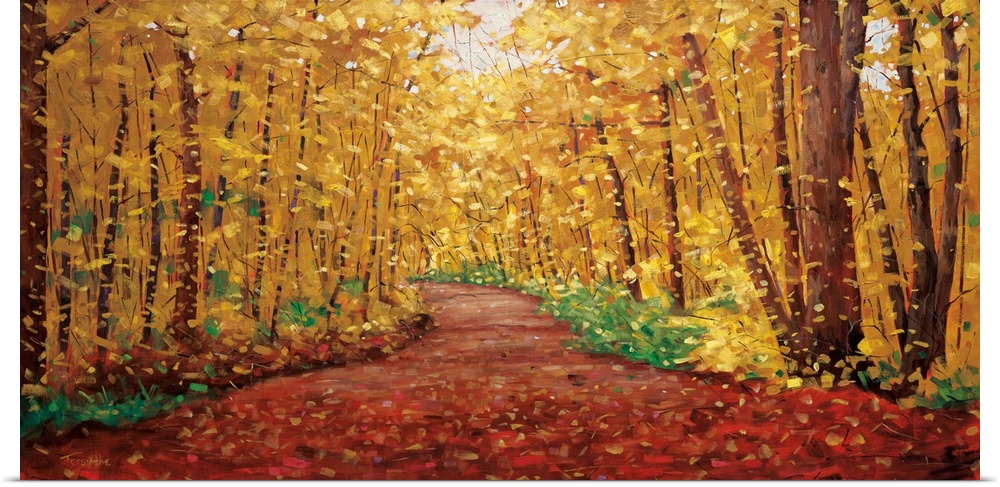 Long horizontal painting of a country road cutting through a forest in the fall, with warm, golden leaves falling.