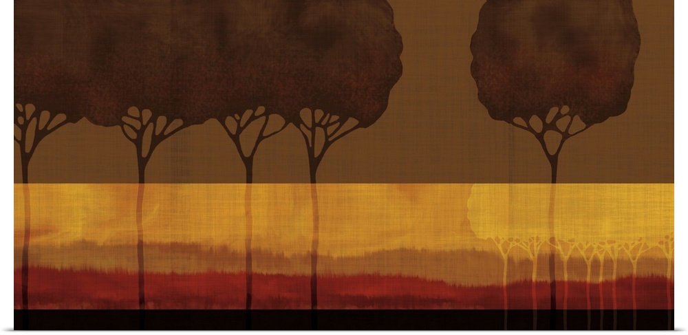 Contemporary artwork of a row of trees with a light wide horizontal line.