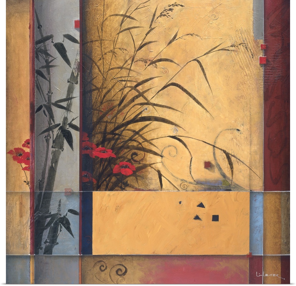 A contemporary Asian theme painting with bamboo and flowers with a square grid design.