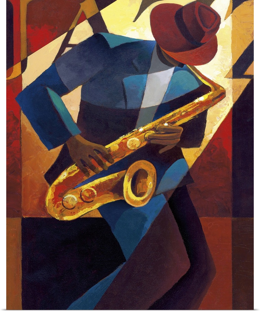Contemporary painting of a jazz musician playing the saxophone.