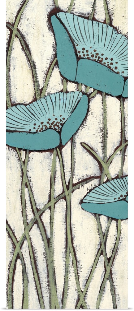 Vertical painting of a group of blue poppies against a neutral backdrop.