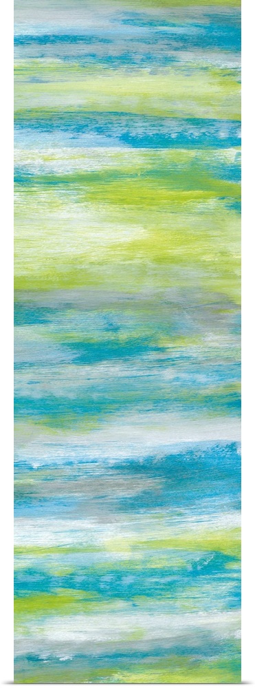 A long abstract painting of bright textured colors in blue, gray and green.
