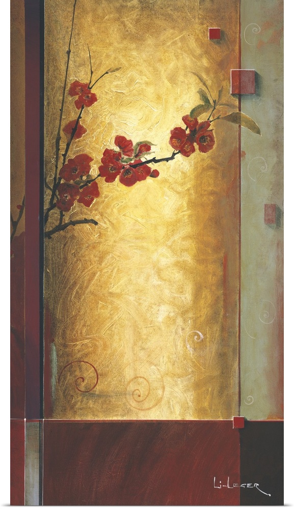 A contemporary painting with red cherry blossoms bordered with a square grid design.