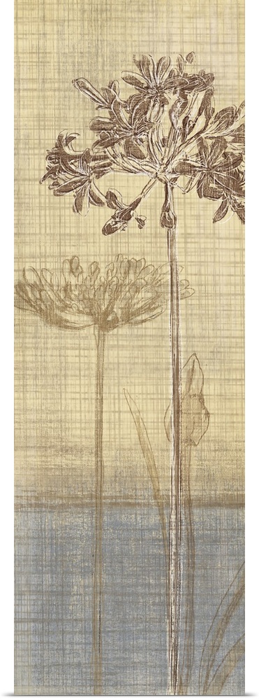 A vertical digital artwork of two flowers with long stems with a weaved textured overlay.