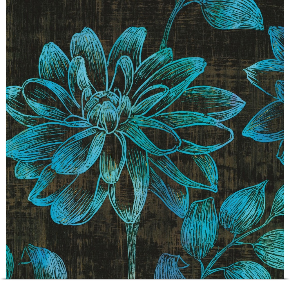Square contemporary artwork of flowers done in fine lines of teal against of dark backdrop.