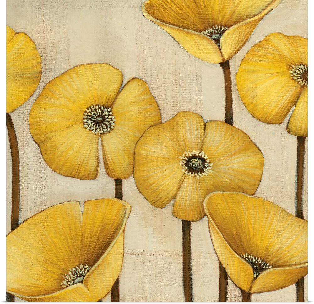 Square contemporary artwork of yellow poppy flowers against a neutral backdrop.