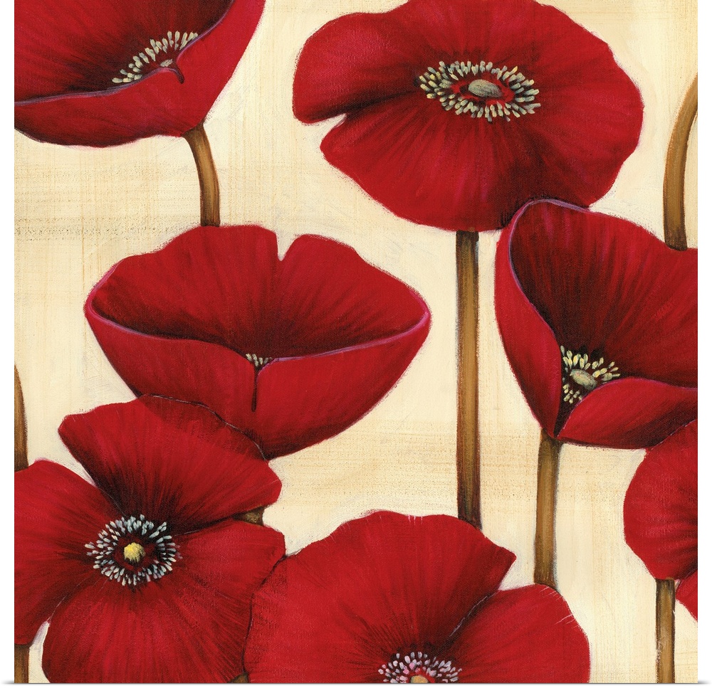 Square contemporary artwork of red poppy flowers against a neutral backdrop.