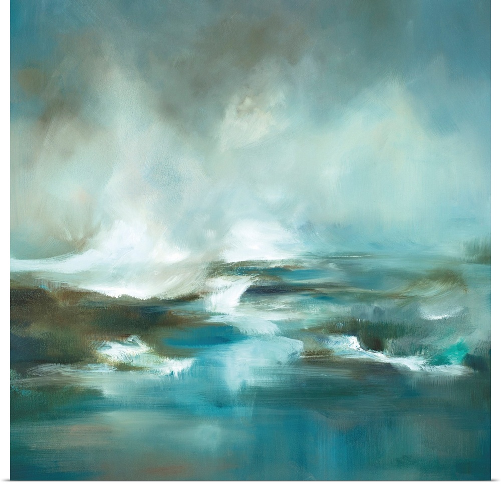 Square painting of ocean waves in tones of blue, white and brown.