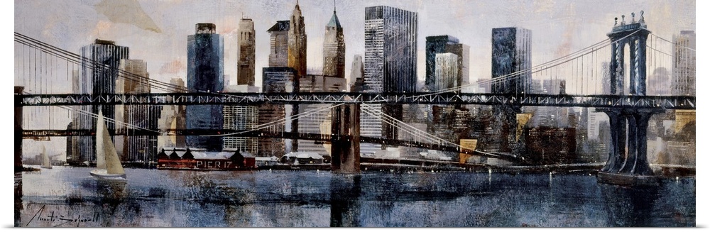 A horizontal painting of Brooklyn and Manhattan Bridges with the New York cityscape behind.