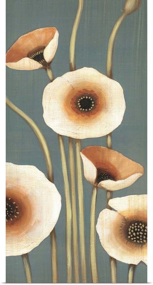 Vertical painting of a group of flowers in muted earth tones.