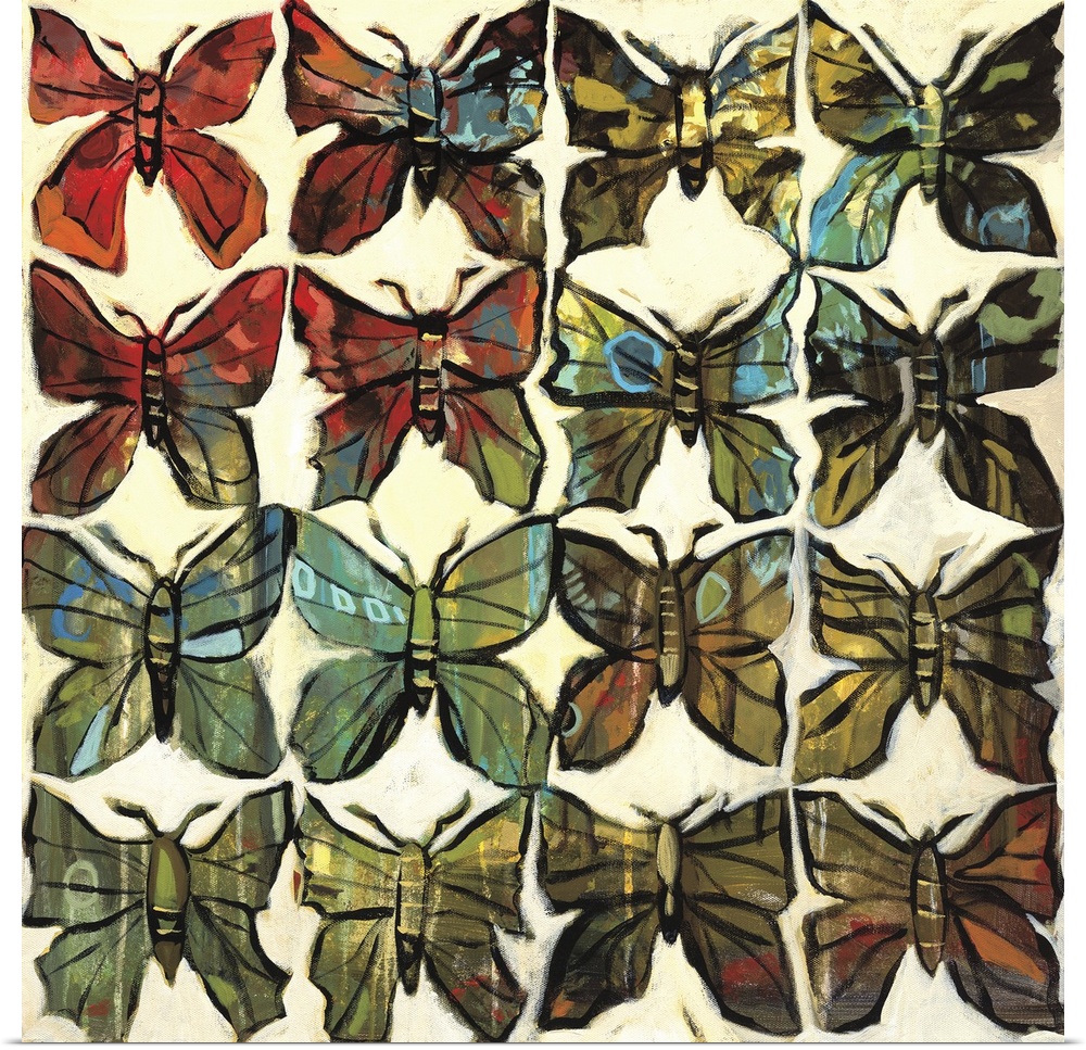 Square complementary painting of rows of butterflies in multiple colors fading into each other.
