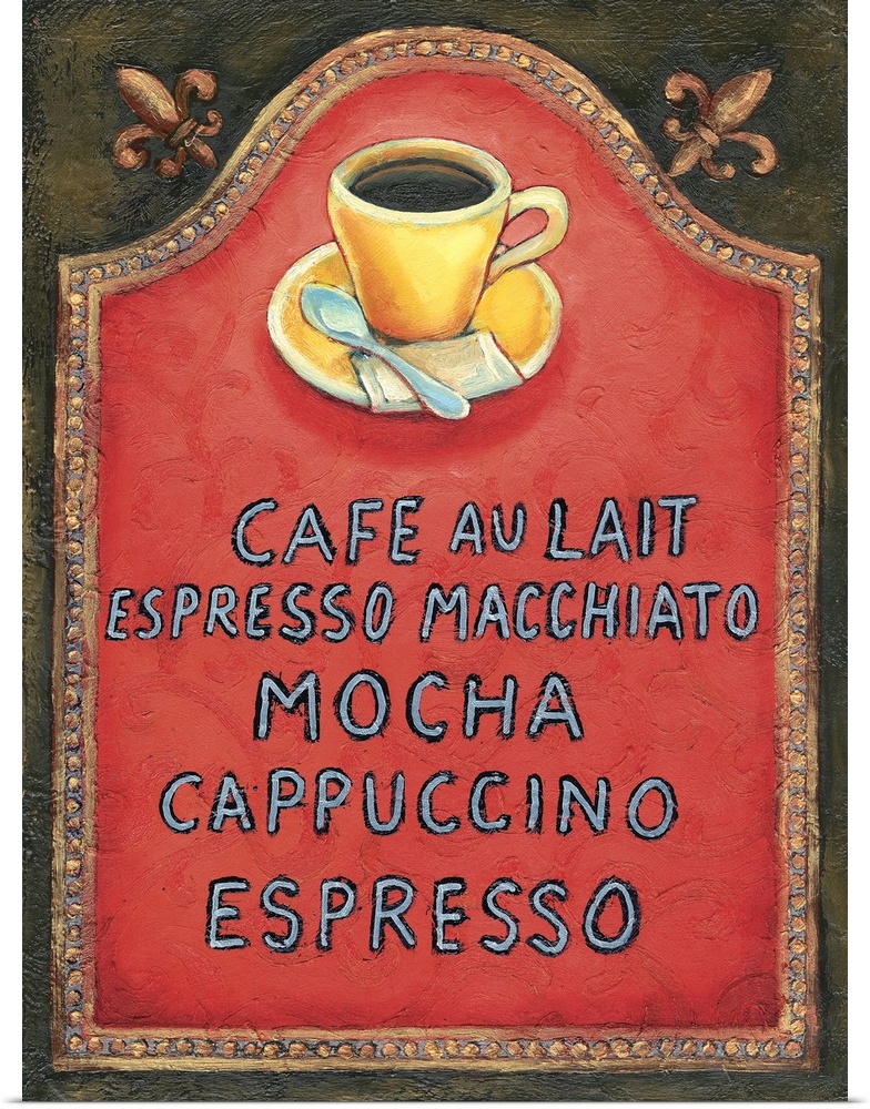 A list of coffee options along with cup and saucer against a red background.