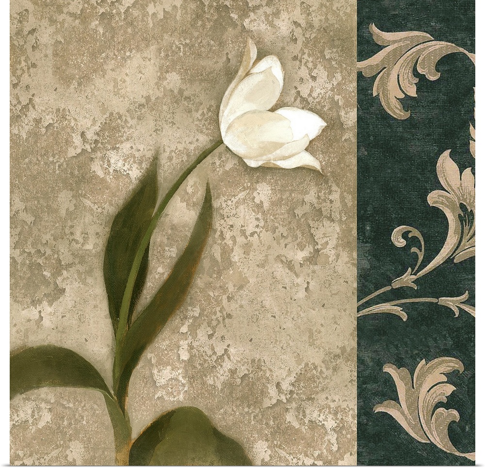 Decorative artwork of a white tulip with a damask border in natural colors.