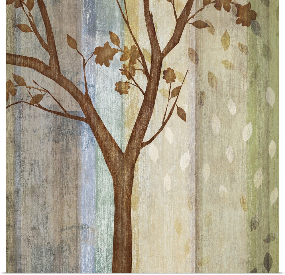 Decorative artwork of a single tree with falling leaves and a color striped background in neutral colors.