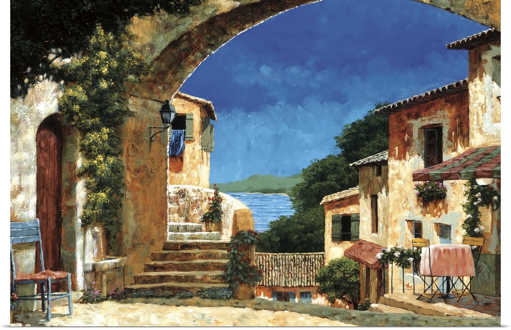 Painting of a European villa with a stone archway on a sunny day.
