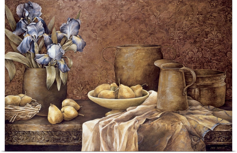 Still life painting of an arrangement of vases and fruit.