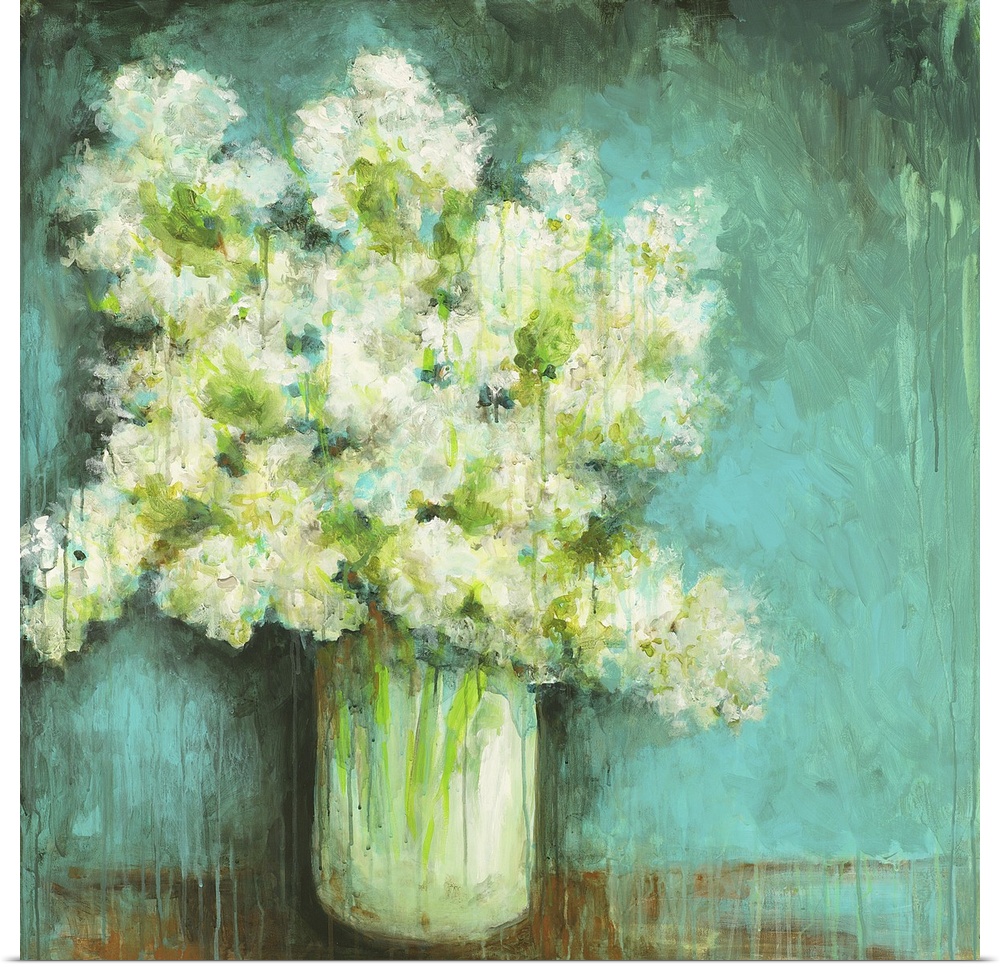 Square painting of a large vase full of hydrangeas in white and green done in streaks and textures of paint.