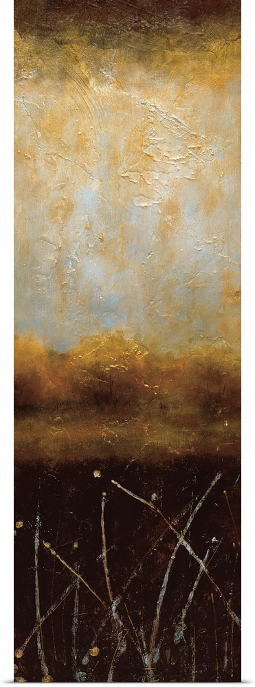 A long contemporary painting of a lake landscape in textured warm colors of orange, brown and black.