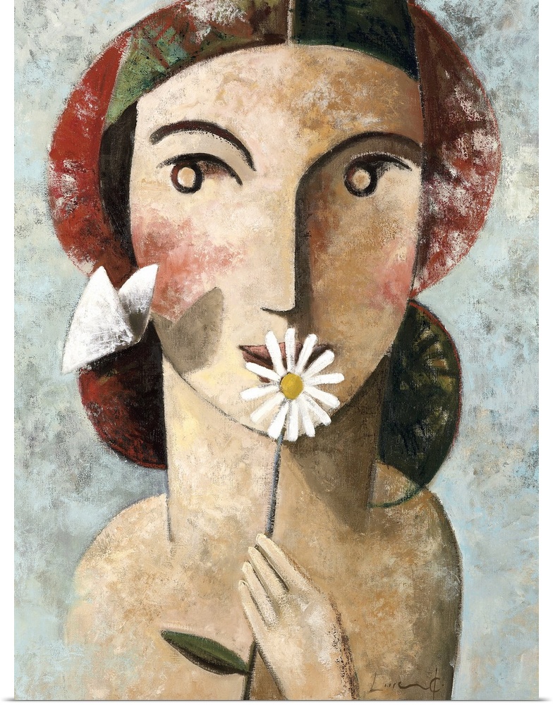 A vertical portrait of a woman holding a daisy while a white butterfly passes by, painted in a cubism style.