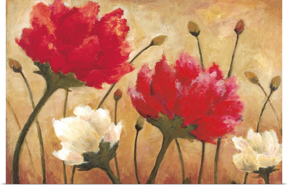 A horizontal contemporary painting of white and red flowers against a warm neutral background.