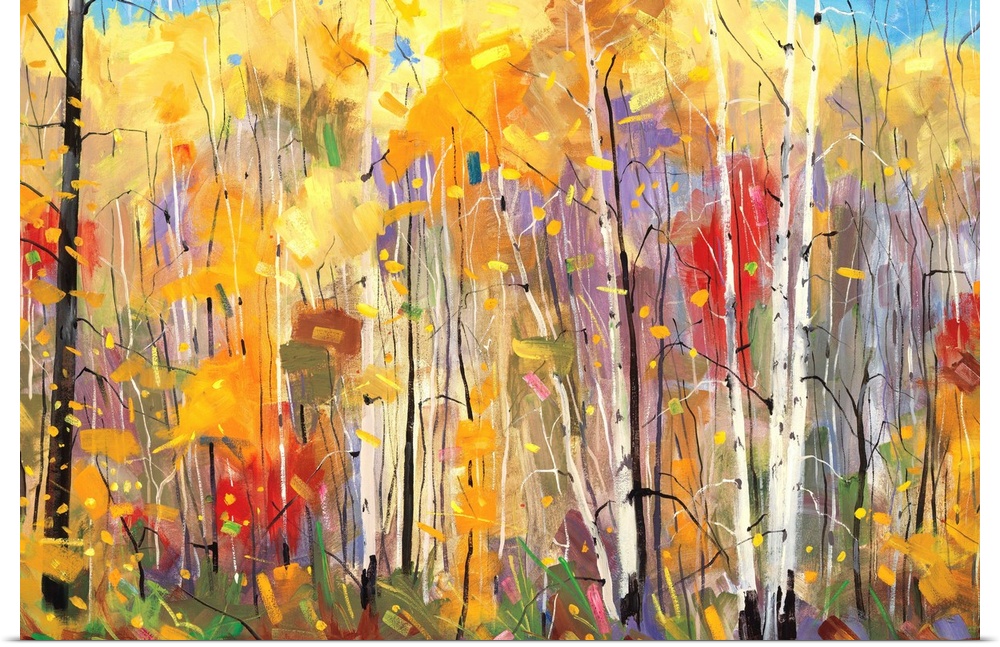 Contemporary painting of a forest full of colorful trees in tones of red, yellow and orange.