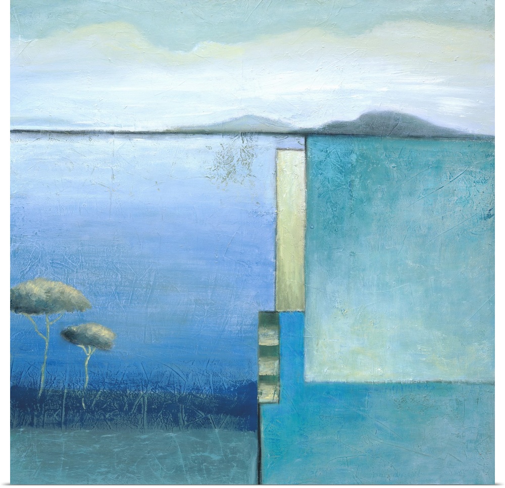 A square modern painting of a lake and mountain landscape with a square design on the right side.