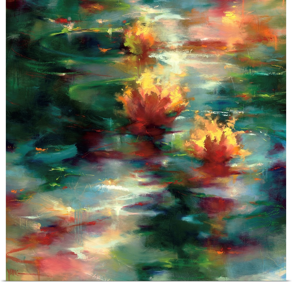 A square abstract of colorful lily pads on the surface of a rippling pond.