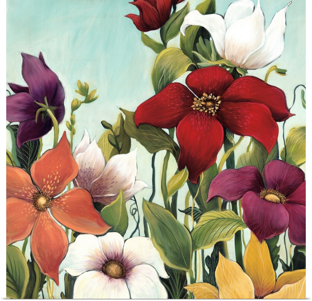 Square painting of a group of multiple colored flowers in a garden against a blue backdrop.