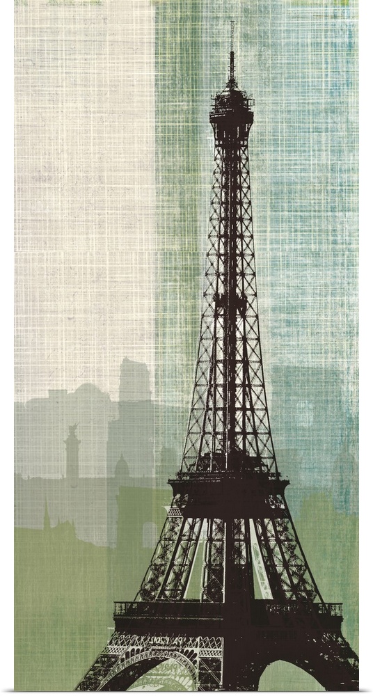 A vertical digital illustration of the Eiffel Tower with a city backdrop in a weaved textured effect in shades of green an...