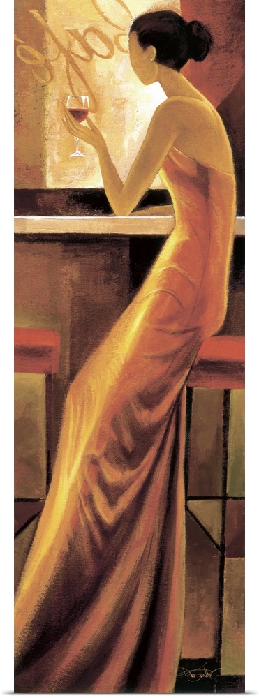 Contemporary artwork of a woman wearing a long gown in golden light.