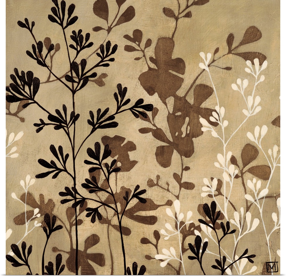 Contemporary painting of a group of flowers in muted earth tones of black, brown and white.