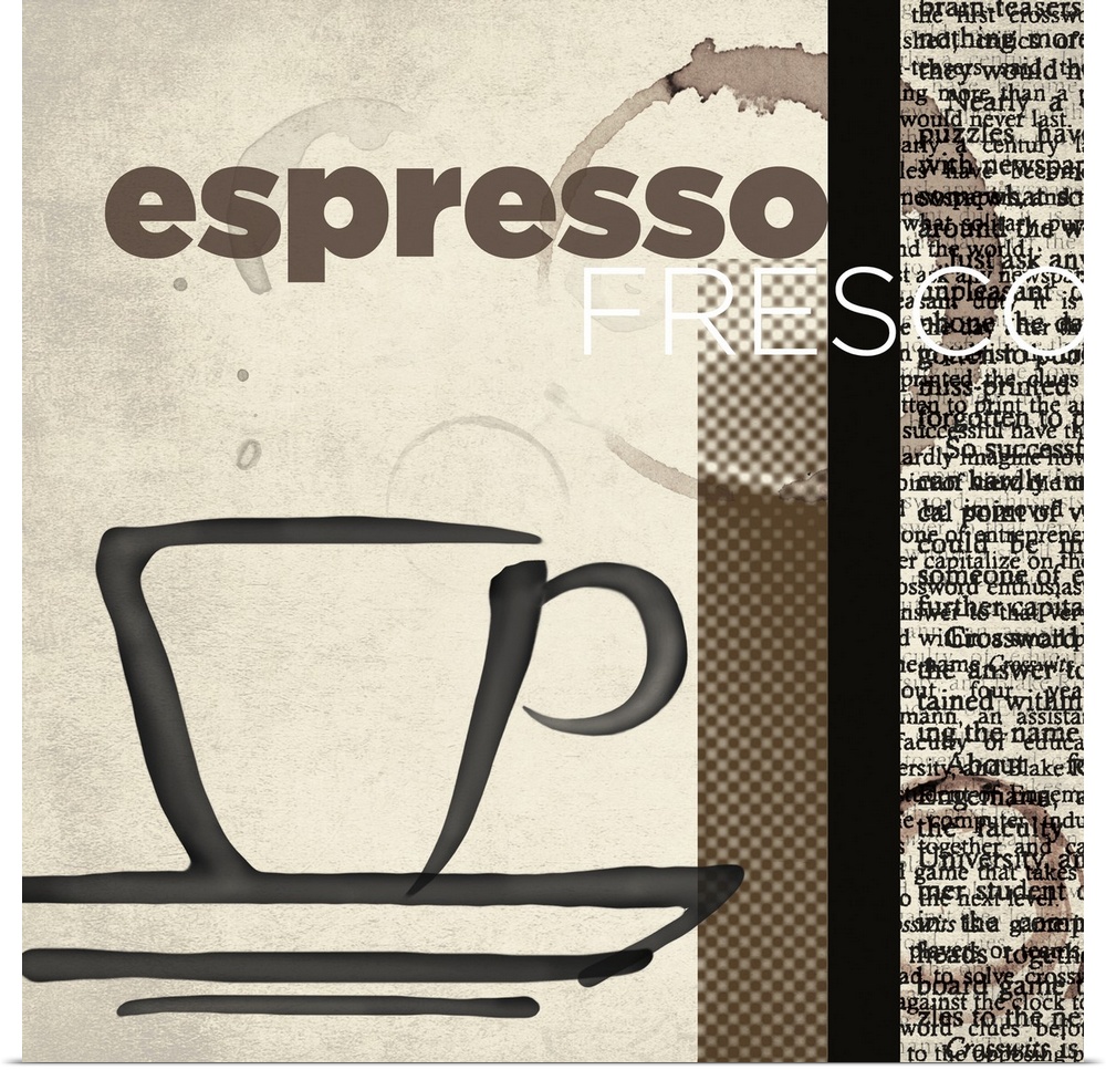Decorative artwork of a cup and text on the side with "Espresso Fresco".