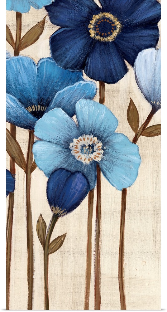 Vertical painting of a group of blue flowers against a neutral backdrop.