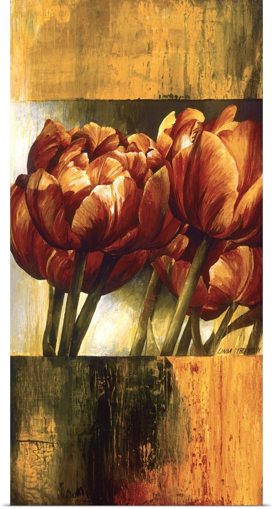 A long vertical design of red tulips edged with a textured orange and black border.