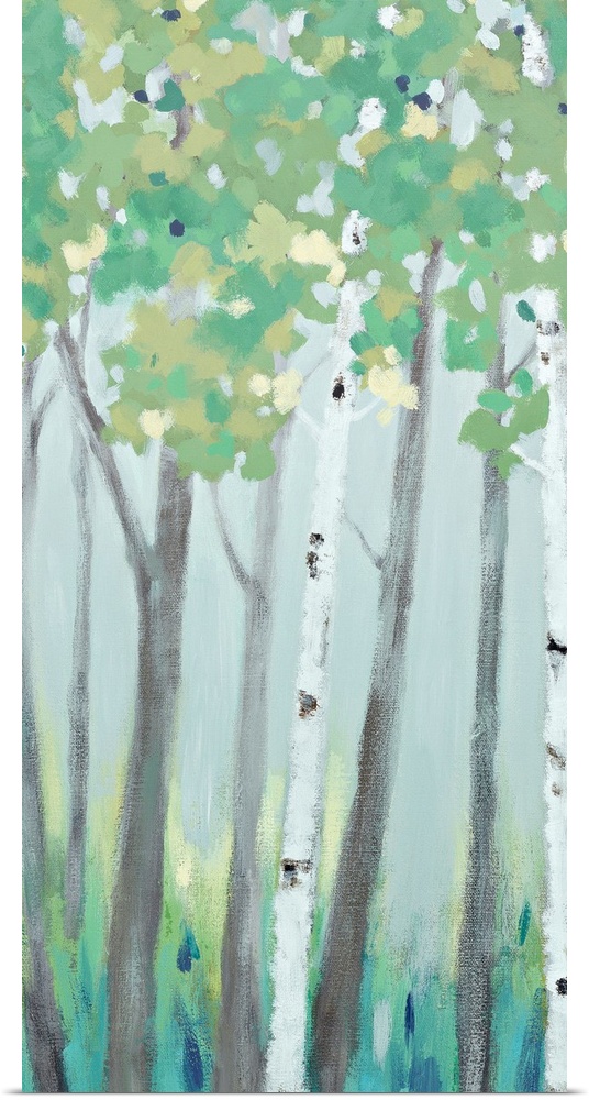 A long vertical painting of a row of trees in muted cool tones.