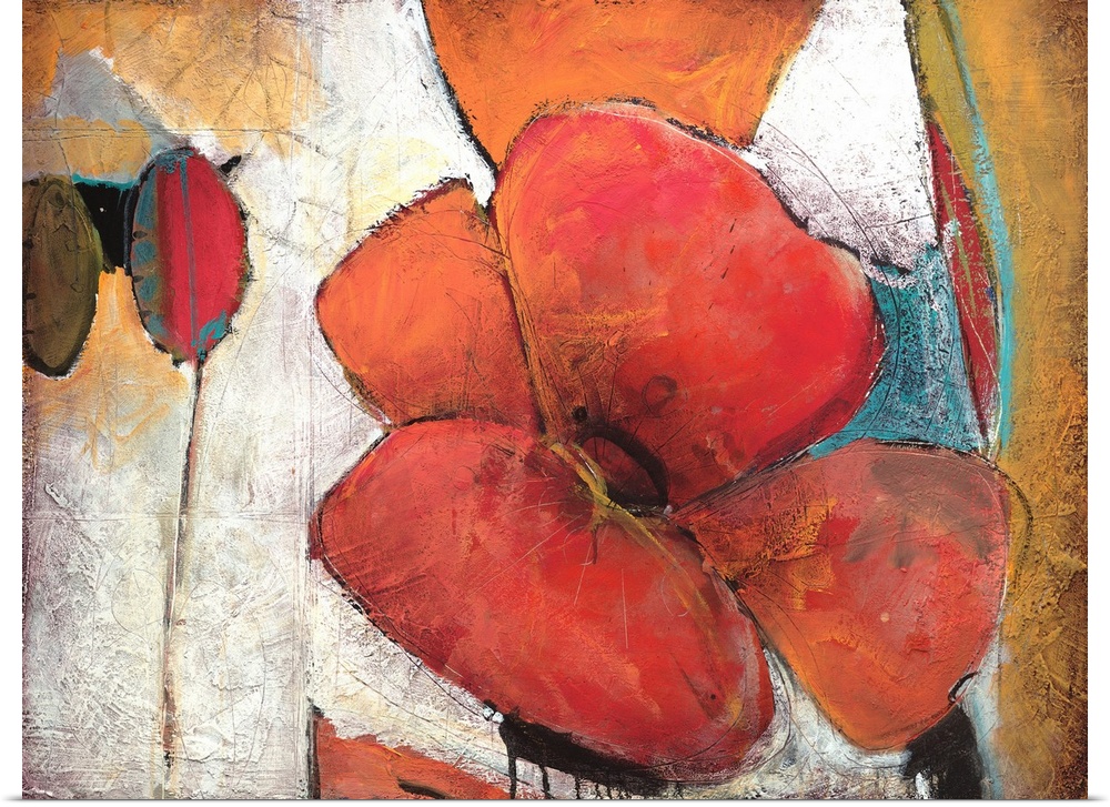 An abstract painting in textured paint of large flower blooms on the neutral background.