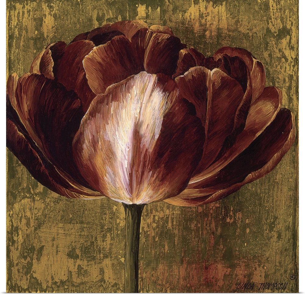 Contemporary painting of a large blooming flower in shades of red, brown and green.