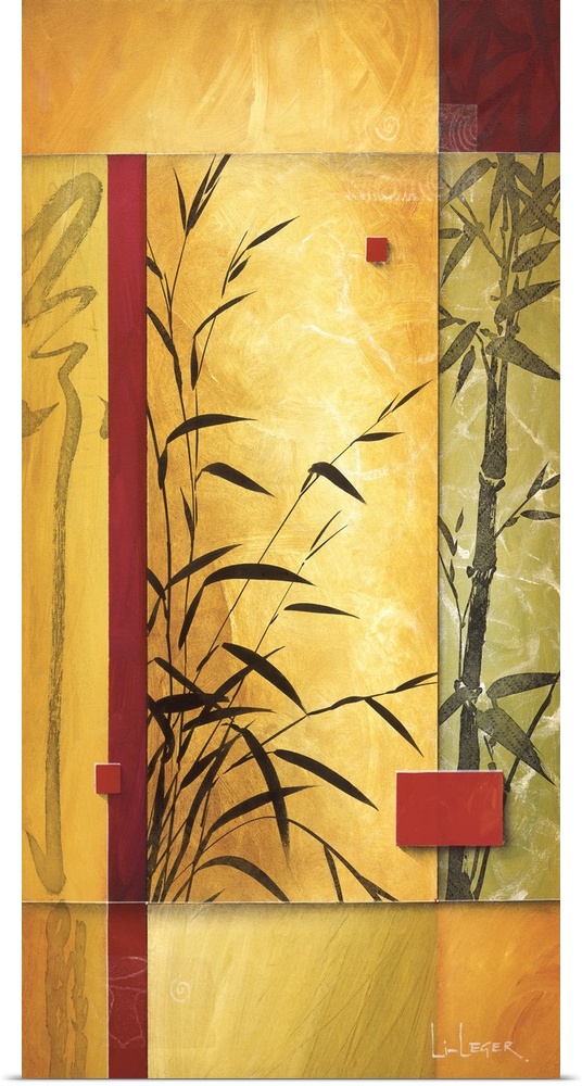 A contemporary painting of bamboo bordered with a square grid design.