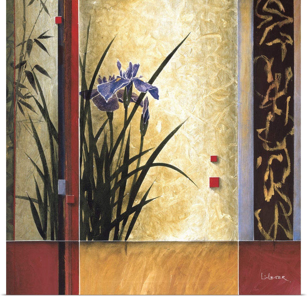 A contemporary painting of purple irises bordered with a square grid design.