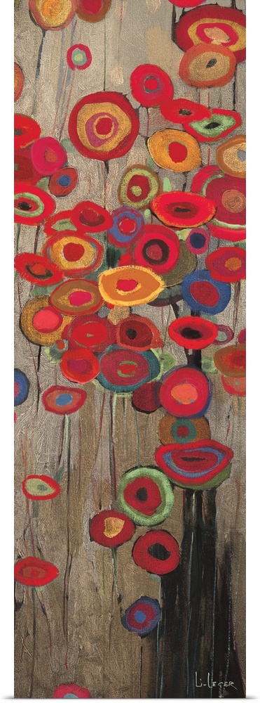 A long vertical painting of a group of multi-colored poppies on a neutral backdrop.