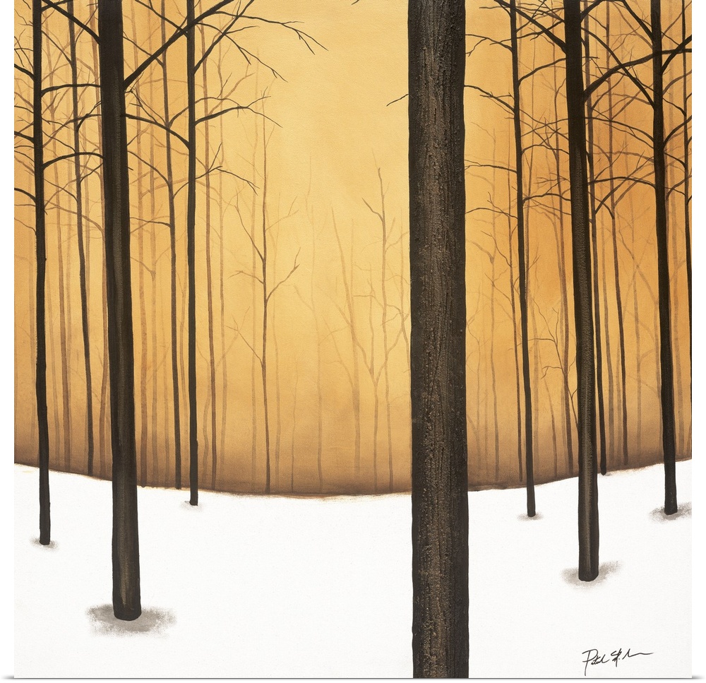 Square contemporary painting of bare trees and snow in a forest with a warm background.