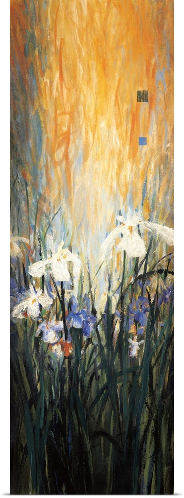 A contemporary painting with white flowers with long grass and a bright orange background.