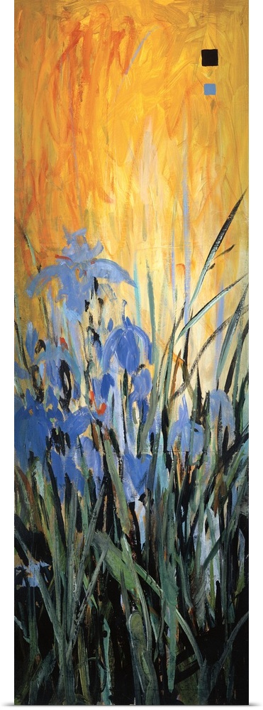 A contemporary painting with blue flowers with long grass and a bright orange background.