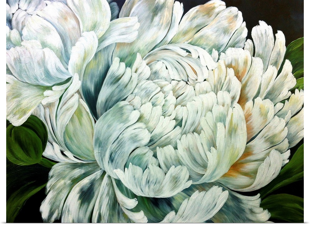 A contemporary floral painting of a large white blooming flower with hints of gray and brown on the petals.