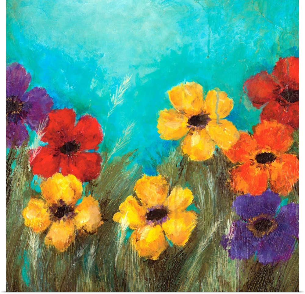 Square contemporary painting of bright, colorful flowers against a teal background.