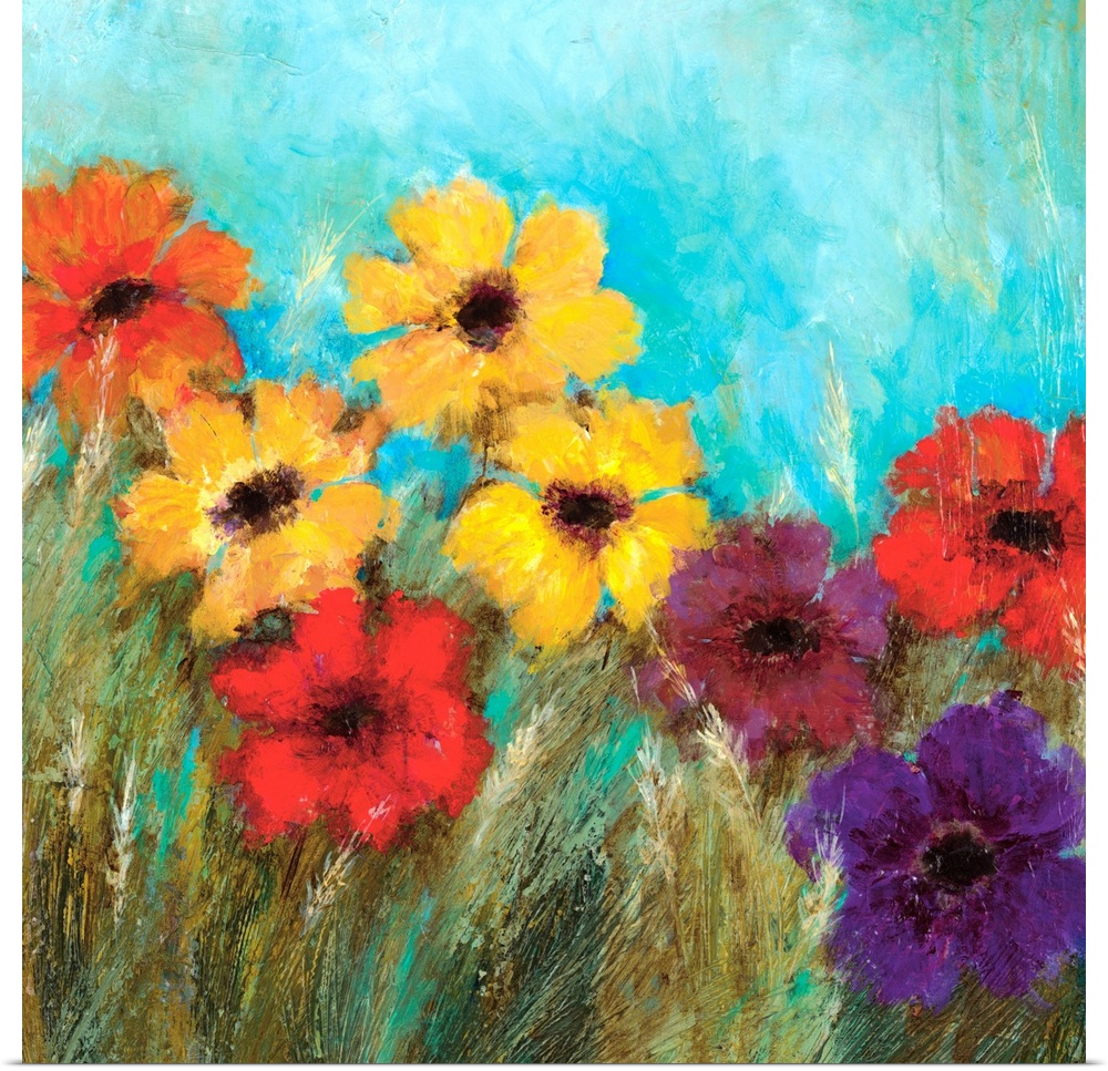 Square contemporary painting of bright, colorful flowers against a teal background.