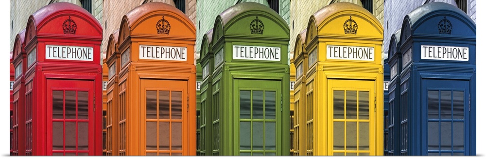 A panoramic photo of a telephone booth in London, England, done in different primary colors.