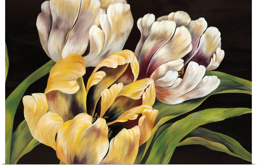 Contemporary painting of a group of white and yellow tulips against a neutral backdrop.