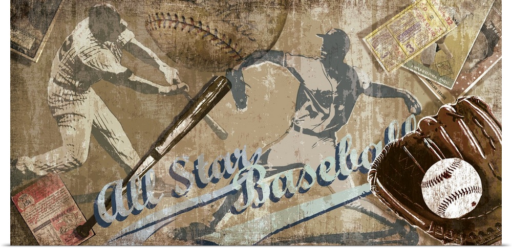 Baseball decorative artwork with baseball items such as bat, program and ball with the text "All Star Baseball".